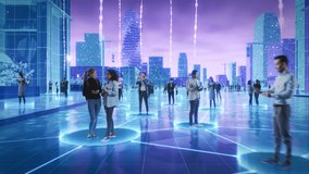 Futuristic Cityscape Where Diverse Individuals Engage With Digital Devices, Interconnected by Glowing Data Streams. Perfect for Illustrating Trends in Big Data, Machine Learning, and High-tech. - Powered by Shutterstock - Get 15% off with code: PIKWIZARD15