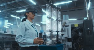 Female Engineer Wearing AR Mixed Reality Headset Uses Virtual Engine Components in Factory, Advanced Machinery and Holographic Displays, Creating an Immersive Design. Dynamic Action Shot - Powered by Shutterstock - Get 15% off with code: PIKWIZARD15
