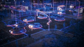 Aerial View: Digital Twin Computer Vision of City. Autonomous Self Driving Cars Moving Through Streets. Animated Scanning Visualization Concept: AI Digitalizes and Analyzes Roads and Pedestrians - Powered by Shutterstock - Get 15% off with code: PIKWIZARD15