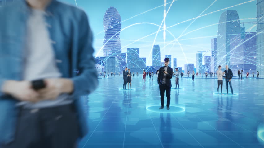 Futuristic Cityscape With Diverse Individuals Interacting Through Digital Devices, Connected by Glowing Data Streams, Big Data, Machine Learning, and High-tech Trends in Digital Communication. - Powered by Shutterstock - Get 15% off with code: PIKWIZARD15