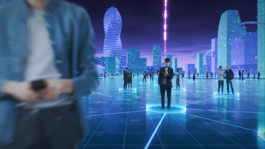 Virtual Meta City of People using Devices in Connected Social Network Wireless Futuristic World. Diverse Citizens do ecommerce, communication. Visualization of Information Lines Connecting Individuals
