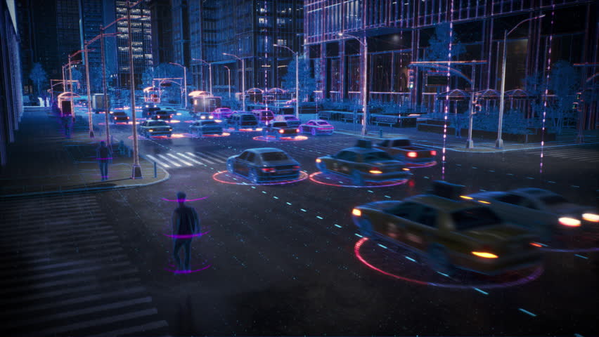 Aerial View: Digital Twin Computer Vision of City. Autonomous Self Driving Cars Moving Through Streets. Animated Scanning Visualization Concept: AI Digitalizes and Analyzes Roads and Pedestrians