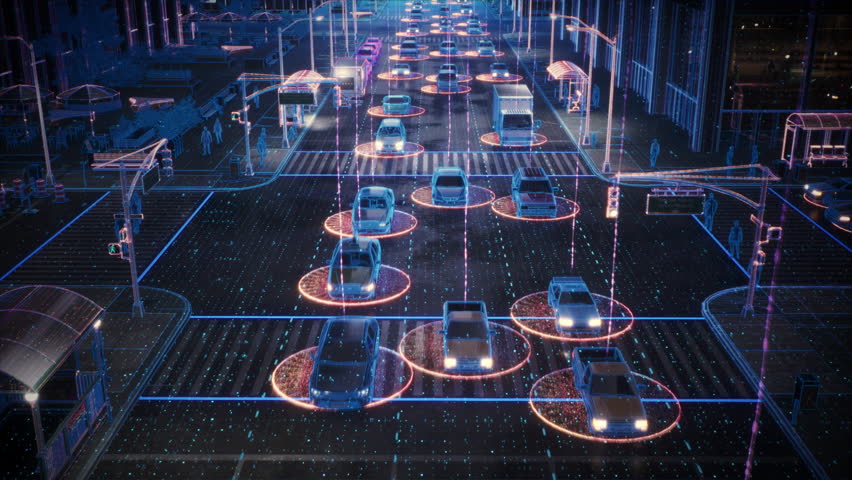 Futuristic City Intersection Digital Twin: Urban Night With Vehicles with Data Visualization. Digital Grid Lines and Neon Lights Illustrate Digitalization. Pedestrians Move on Sidewalks - Powered by Shutterstock - Get 15% off with code: PIKWIZARD15