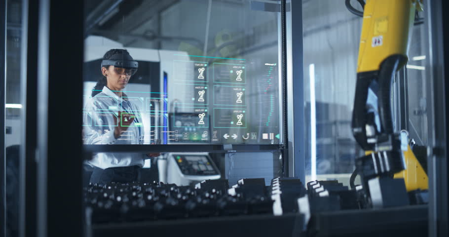 Engineer Wearing Augmented Reality Headset Operates Robotic Arm in a Factory, Interacting With Virtual Controls on a Transparent Holographic Interface. Advanced Machinery and Digital Displays.