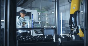 Engineer Wearing Augmented Reality Headset Operates Robotic Arm in a Factory, Interacting With Virtual Controls on a Transparent Holographic Interface. Advanced Machinery and Digital Displays. - Powered by Shutterstock - Get 15% off with code: PIKWIZARD15