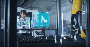 Engineer Wearing Augmented Reality Headset Operates Robotic Arm in a Factory, Interacting With Virtual Controls on a Transparent Interface. Advanced Machinery and Digital Displays. - Powered by Shutterstock - Get 15% off with code: PIKWIZARD15