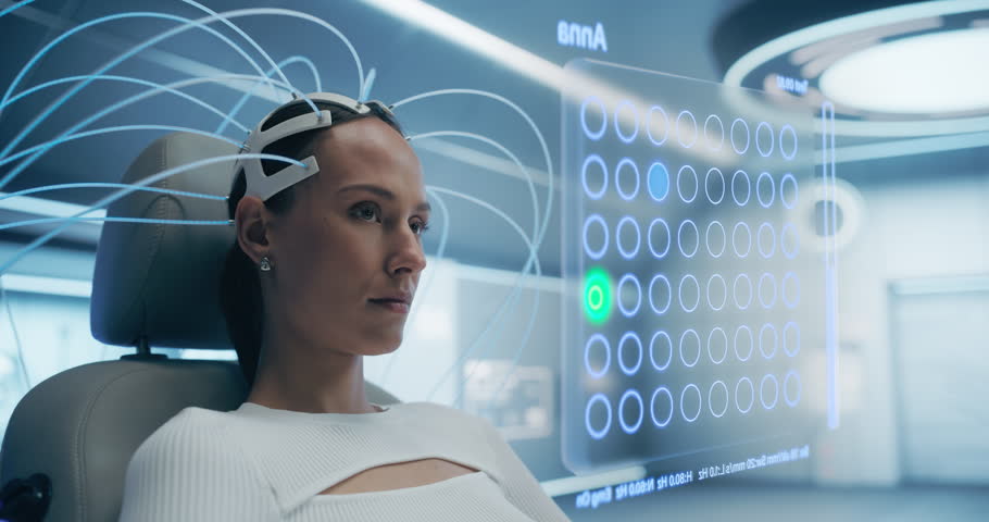 Woman Wearing a Neural Headset Interacts With a Holographic Interface in a Futuristic Lab. Modern Neuralink Mind Controlled Computer Interface Concept. Futuristic Health Care Mental System