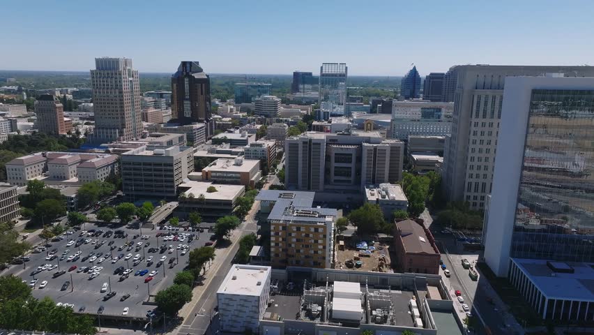 Afternoon aerial view of the downtown skyline of Sacramento, California, USA. Skyscrapers in the center of the city.