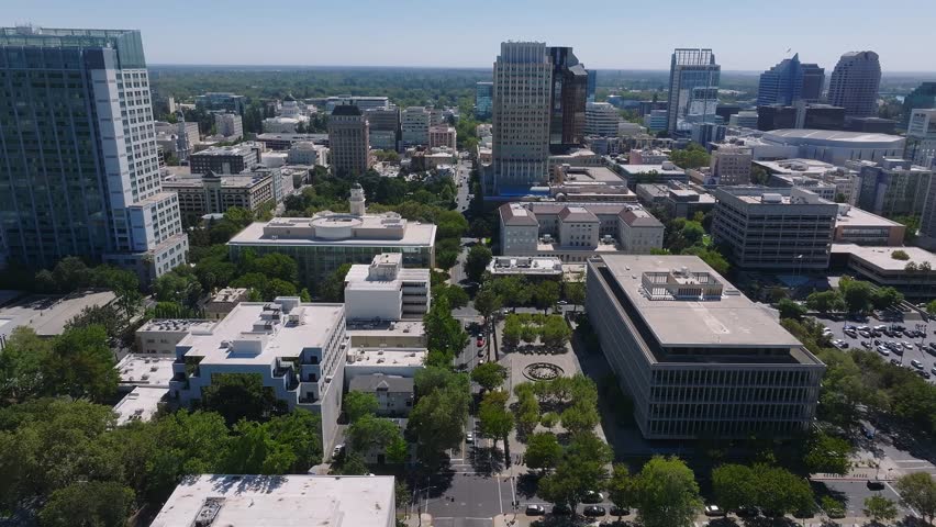 Afternoon aerial view of the downtown skyline of Sacramento, California, USA. Skyscrapers in the center of the city.