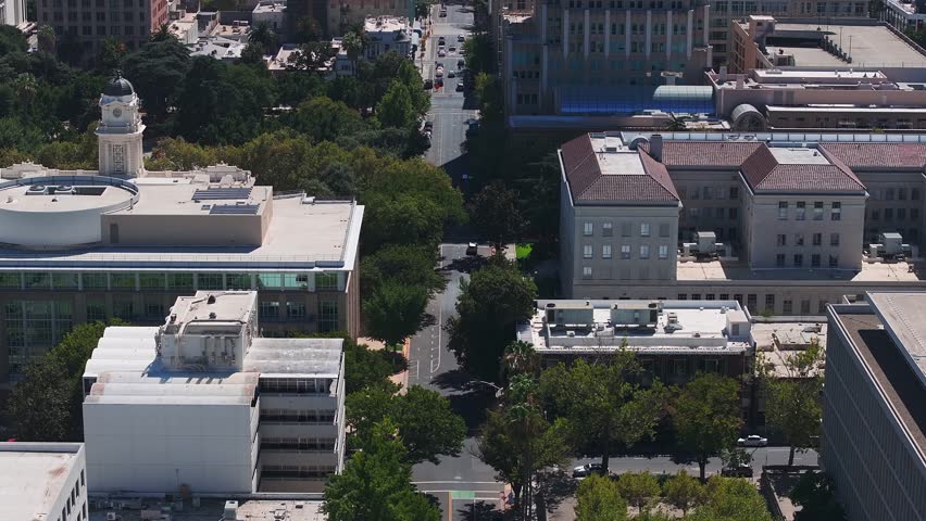 Afternoon aerial view of the downtown skyline of Sacramento, California, USA. Skyscrapers in the center of the city.