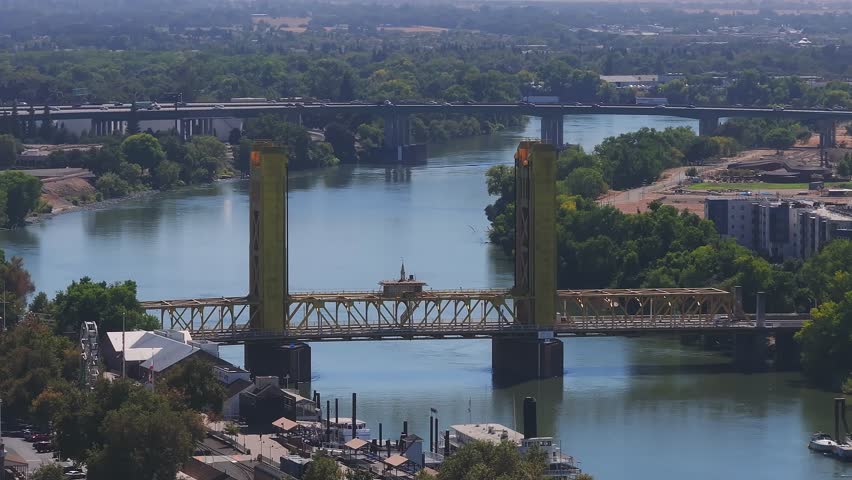 An aerial view of the Tower Bridge and State Capitol Building in Sacramento, California on a beautiful day. Beautiful panorama of Sacramento. 