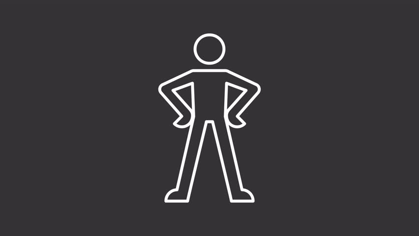 Animated confident man white icon. Personality line animation. Moving hands, shaking head. Power stance. Isolated illustration on dark background. Transition alpha video. Motion graphic