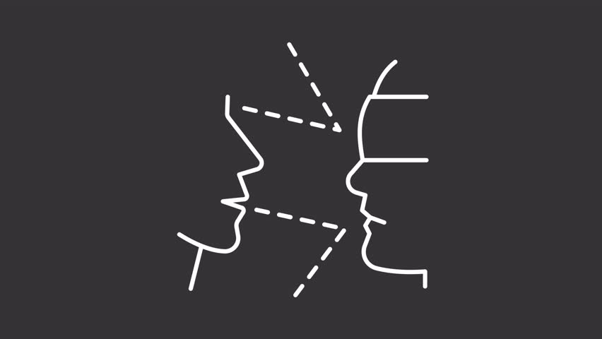 Biases white line animation. Social stereotype animated icon. Moving jaw, line. Unfair opinion, discrimination. Isolated illustration on dark background. Transition alpha video. Motion graphic
