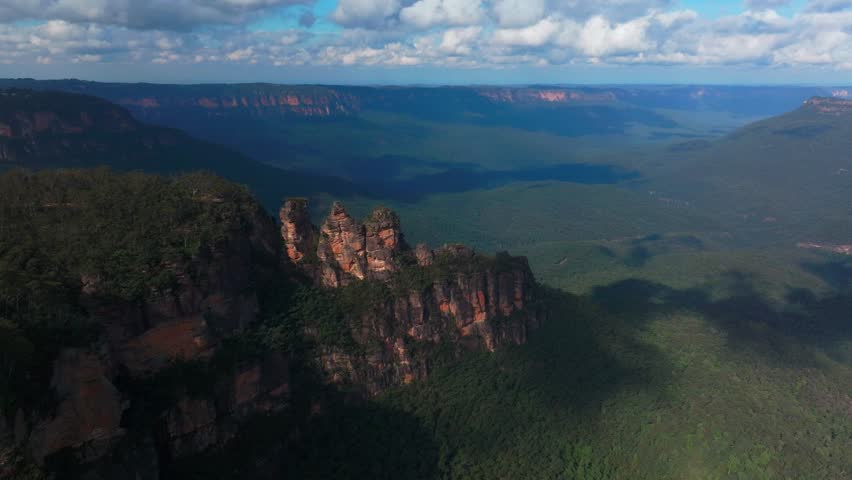 Echo Point Lookout Three Sisters cliff walk drone aerial Blue Mountains Katoomba Sydney NSW Australia World Heritage National Park Gum Tree Eucalyptus Forest blue sky sunny day clouds circle left