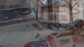Euro currency and financial data animation overlaying urban cityscape with buildings and trees. Finance, economy, digital, investment, technology, futuristic - Powered by Shutterstock - Get 15% off with code: PIKWIZARD15
