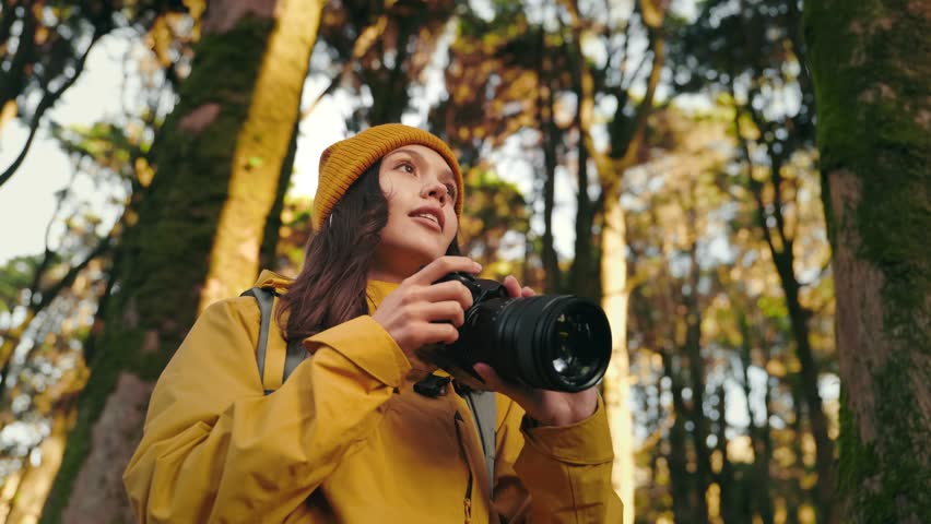 Focused photographer in a yellow jacket using a professional camera to capture wildlife moments outdoors in a forest.