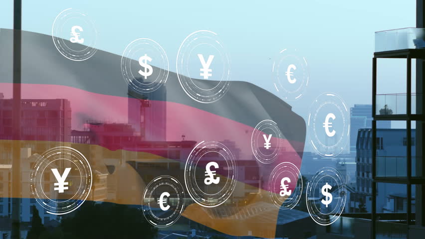 Currency symbols and financial data animation over cityscape with German flag. Finance, economy, stock market, currency exchange, digital, technology