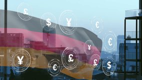 Currency symbols and financial data animation over cityscape with German flag. Finance, economy, stock market, currency exchange, digital, technology - Powered by Shutterstock - Get 15% off with code: PIKWIZARD15