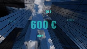 Rotating globe of dollar bills with currency exchange rates over skyscrapers. Finance, global, economy, wealth, investment - Powered by Shutterstock - Get 15% off with code: PIKWIZARD15