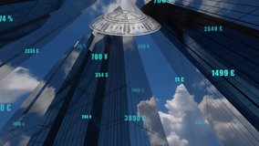 Rotating globe of dollar bills with currency exchange rates over skyscrapers. Finance, global, economy, wealth, investment - Powered by Shutterstock - Get 15% off with code: PIKWIZARD15