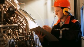 Focused engineer inspects airplane engine in factory hangar, ensuring safety with meticulous notes. Engineer carefully inspects airplane engine in hangar, prioritizing safety with detailed notes - Powered by Shutterstock - Get 15% off with code: PIKWIZARD15