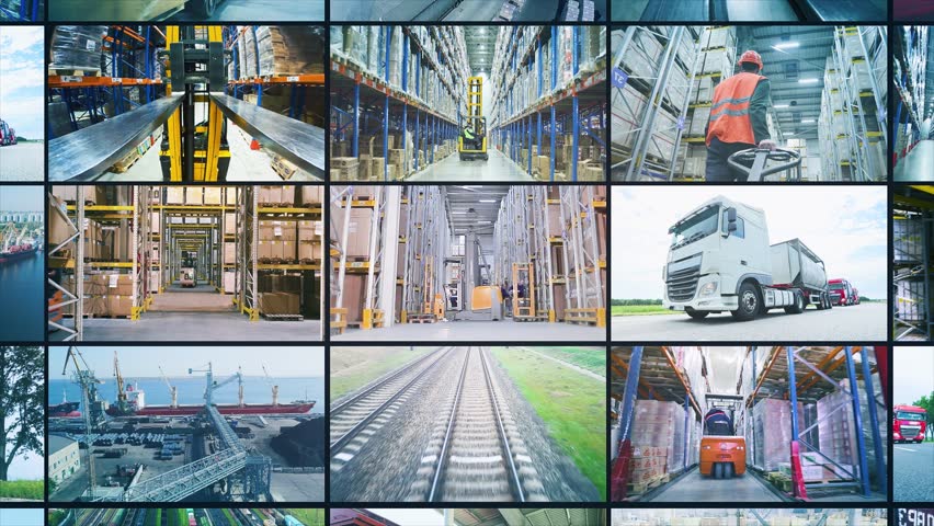 Multiscreen collage modern warehouse. Business logistics multiscreen. Business logistics opening frame. Business logistics opener.