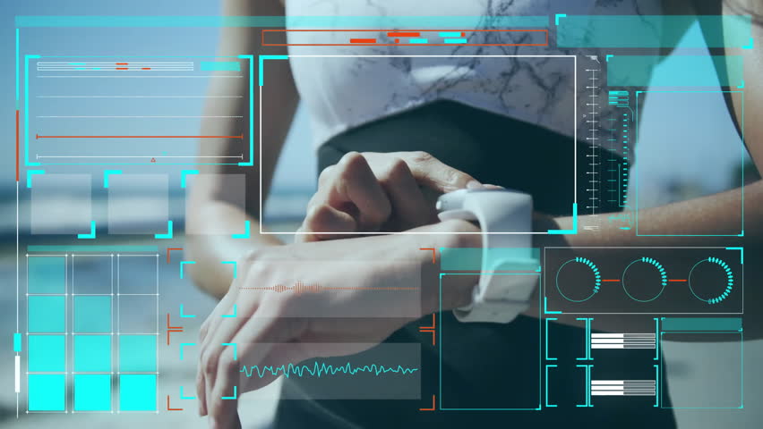 Checking fitness data and notifications, person using smartwatch over animation. wearable, technology, tracking, health, gadget, activity - Powered by Shutterstock - Get 15% off with code: PIKWIZARD15