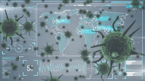 Processing data, virus cells and world map animation. Technology, digital, cybersecurity, infection, global - Powered by Shutterstock - Get 15% off with code: PIKWIZARD15