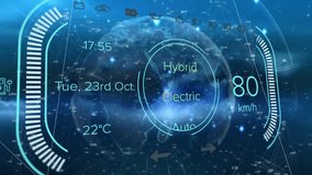 Digital dashboard animation over world map with electric auto and speed indicators. Technology, automotive, innovation, futuristic, data, visualization - Powered by Shutterstock - Get 15% off with code: PIKWIZARD15
