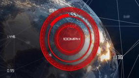 Speedometer animation showing 100 MPH over view of Earth from space. high-tech, futuristic, technology, measurement, concept - Powered by Shutterstock - Get 15% off with code: PIKWIZARD15