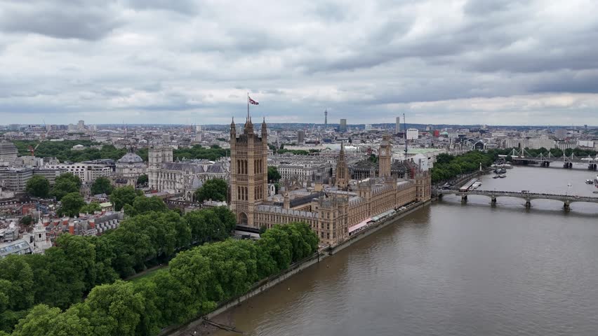 Houses of Parliament London UK after major refurbishment aerial view