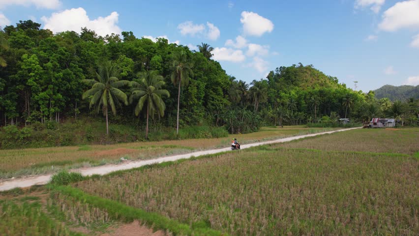 4K drone video following a couple driving along a dirt road through nature in Bohol, Philippines. the drone flies up to show the tropical green landscape stretching out to the distance.