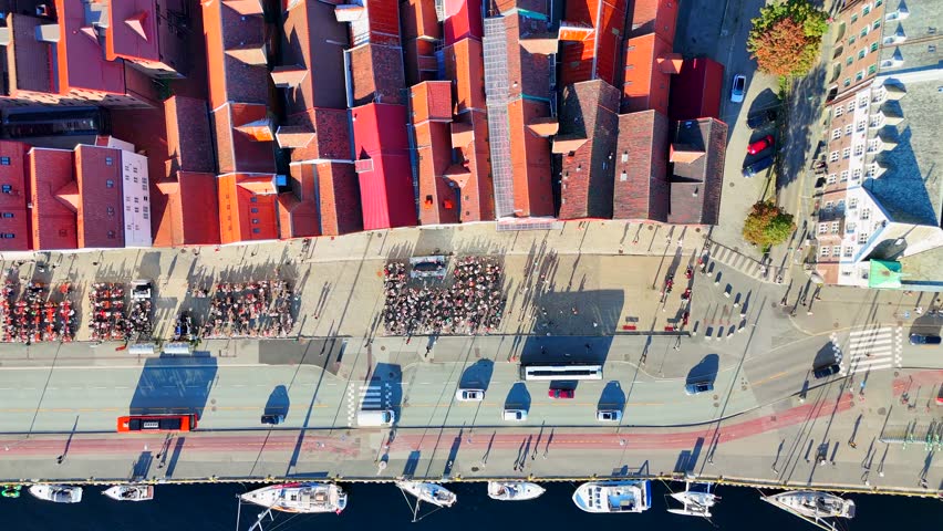 Aerial drone view of famous wooden district Bryggen in Bergen, Norway
