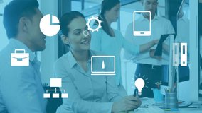 Business icons animation over diverse professionals collaborating in modern office. teamwork, technology, collaboration, diversity, innovation, corporate - Powered by Shutterstock - Get 15% off with code: PIKWIZARD15