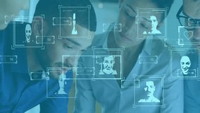 Facial recognition and data analysis animation, diverse people collaborating in office. Technology, teamwork, collaboration, innovation, diversity, business - Powered by Shutterstock - Get 15% off with code: PIKWIZARD15