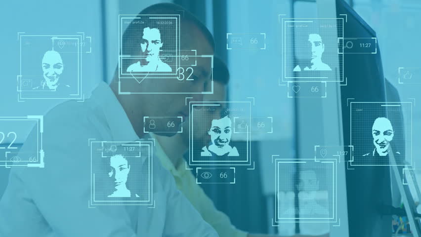 Facial recognition data processing animation over business people working in office. Technology, innovation, digital, security, teamwork, collaboration - Powered by Shutterstock - Get 15% off with code: PIKWIZARD15