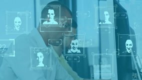 Facial recognition data processing animation over business people working in office. Technology, innovation, digital, security, teamwork, collaboration - Powered by Shutterstock - Get 15% off with code: PIKWIZARD15