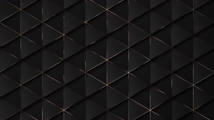 Abstract black background with gold. 4k black luxury geometric background with bronze metallic lines. Graphic ornament. Seamless looping gray black triangle pattern. Simple elegant 3d BG.	