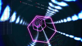 Hexagonal tunnel and financial data processing animation over stock market charts. Finance, data analysis, technology, digital, investment, economic - Powered by Shutterstock - Get 15% off with code: PIKWIZARD15