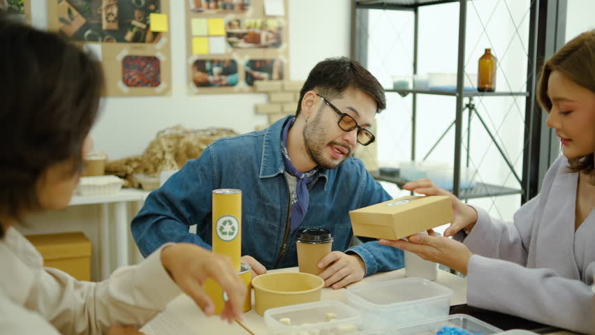 Creative Team Meeting, discussion reusable product, implementing environmental protection for clean and sustainable future ecology, warming social issues project, ESG social governance ideas