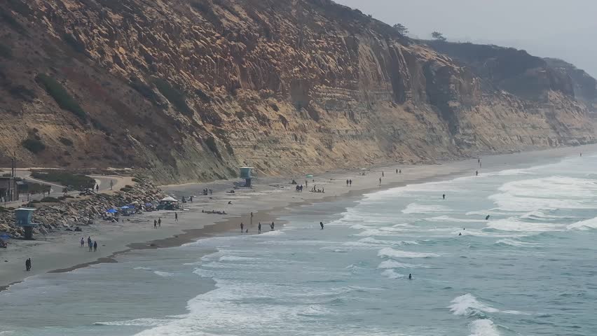Aerial view of beautiful cliffs at the coast of southern California, Torrey pines state natural reserve. Torrey Pines State Reserve and Beach on the coastline of La Jolla, San Diego, on the west coast