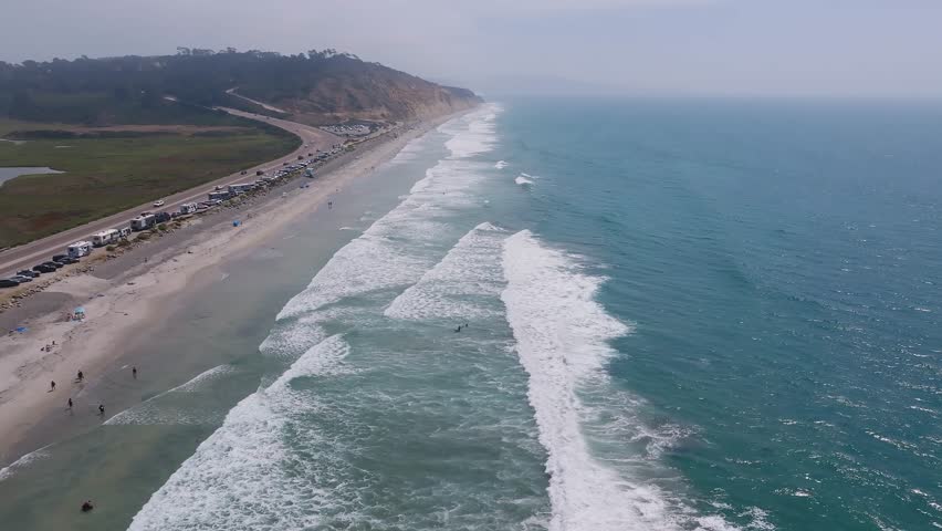 Aerial view of beautiful cliffs at the coast of southern California, Torrey pines state natural reserve. Torrey Pines State Reserve and Beach on the coastline of La Jolla, San Diego, on the west coast