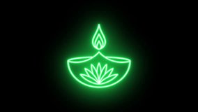 Neon Diya fire icon animation, flickering emergence and fading. Glowing neon Diya lamp, looped animation. Happy Diwali, Deepavali oil candle, Diya oil lamp with lotus flower. Yellow, green, orange - Powered by Shutterstock - Get 15% off with code: PIKWIZARD15