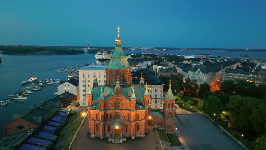 4k Aerial view of famous places architectural landmarks Helsinki Uspenski Cathedral. Helsinki, Finland.