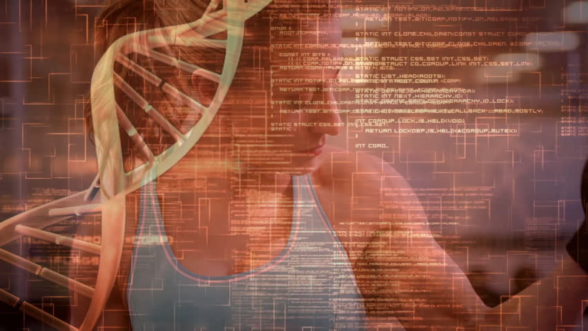 DNA strand and data processing animation over person exercising in gym. Technology, biotechnology, fitness, genetics, health, exercise - Powered by Shutterstock - Get 15% off with code: PIKWIZARD15
