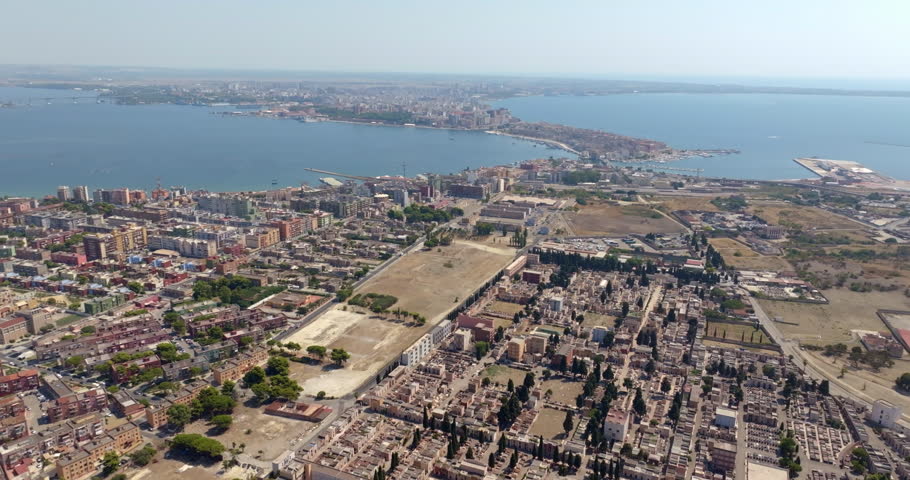 Aerial panoramic view of Taranto, one of the most important cities in Puglia, Italy. The Gulf of Taranto overlooks the Ionian Sea.