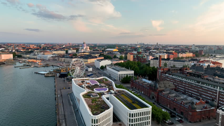 4k Aerial view of famous places architectural landmarks Helsinki Uspenski Cathedral. Helsinki, Finland.