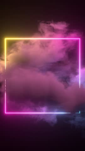 3d render, abstract minimal background, pink blue neon square frame with copy space. Illuminated storm clouds inside the square, bright geometric shape. Endless loop