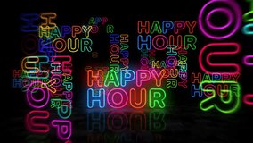 Happy hour neon symbol. Light color bulbs. Sale promotion abstract seamless and loopable concept. 3d flying through the tunnel animation. - Powered by Shutterstock - Get 15% off with code: PIKWIZARD15