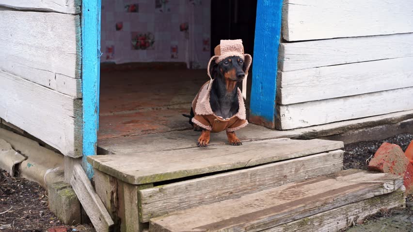 A dachshund wearing an aviator jacket stands adorably on the steps of a rustic wooden porch, exuding charm and style.